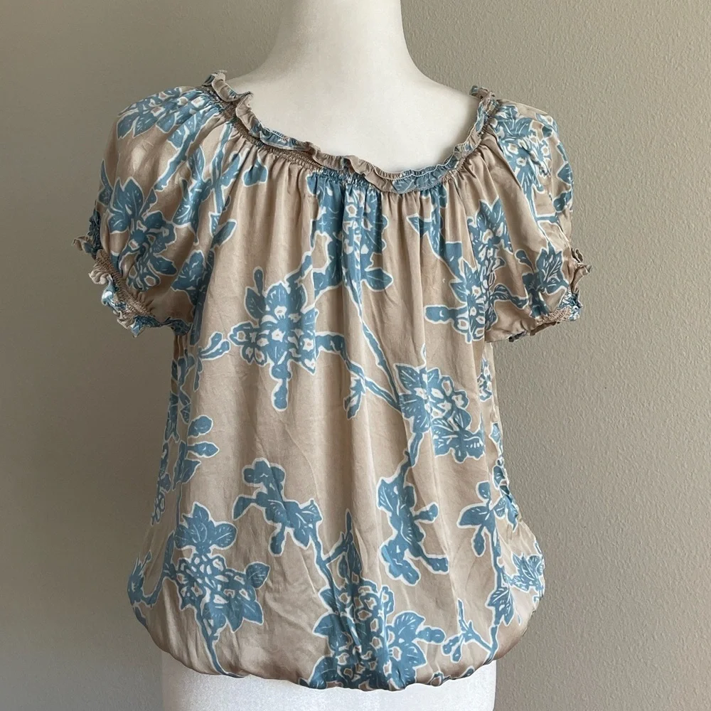 Joie Silk Blue Floral Blouse - Tan Base Size S - Picture 5 of 7